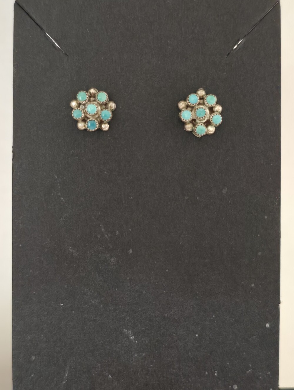 Dainty Native American Sterling Silver and Turquoise Cluster Earrings .4 Inch